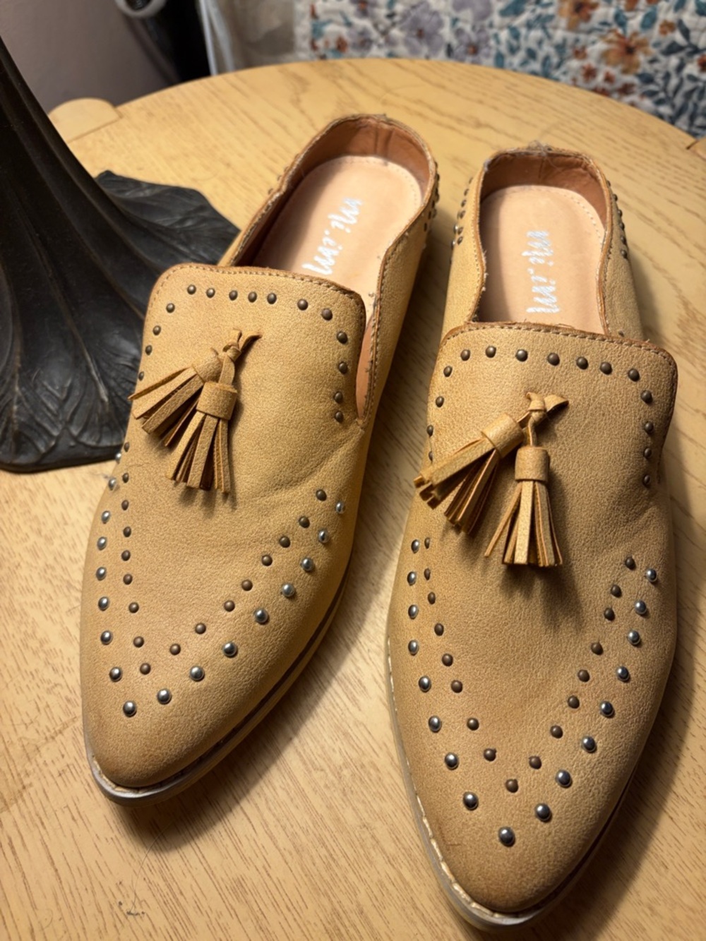 Mi.iM Tan Suede Tassel Studded Mules